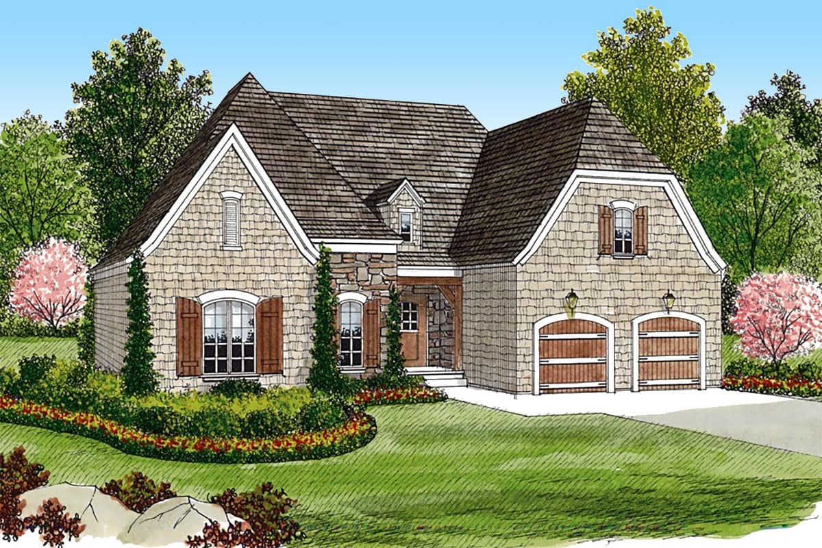 House plan exterior with stone and shingle siding, steeply pitched gables, dormer, and attached two-car garage.