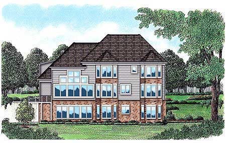 House plan exterior: Three-story home with brick lower level, siding upper levels, and prominent multi-pane windows.