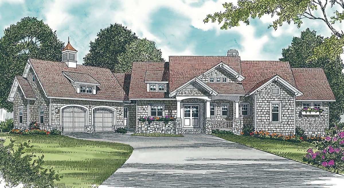 House plan exterior: Craftsman style, one-and-a-half stories, side-entry three-car garage, dormers, and stone accents.