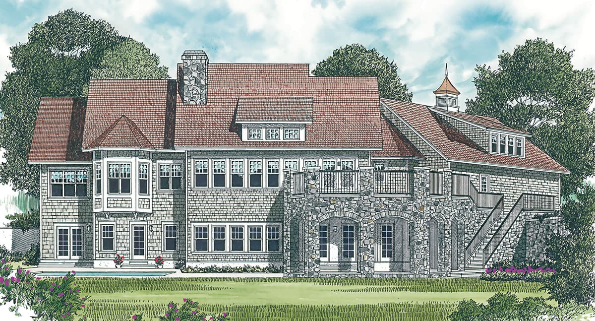 House plan exterior with shingle and stone siding, bay windows, multiple gables, dormers, and a cupola.