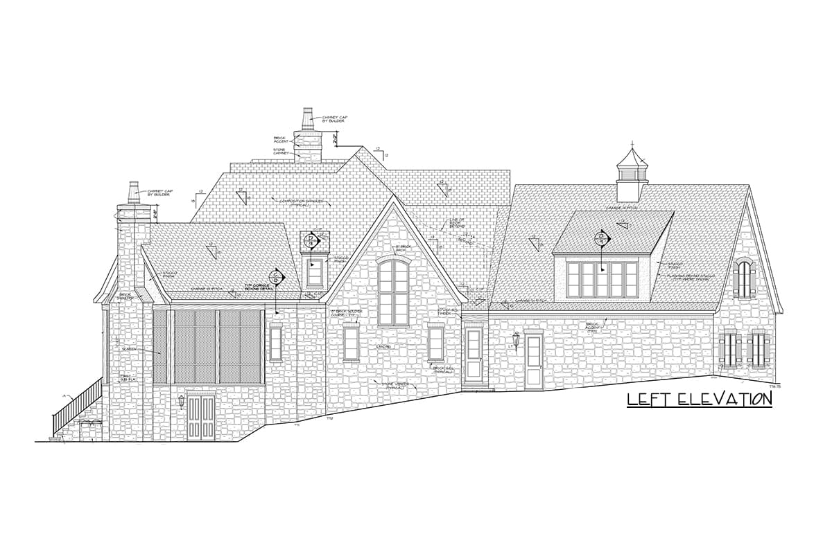 House plan left elevation drawing with stone veneer, multiple gables, dormers, and two chimneys.