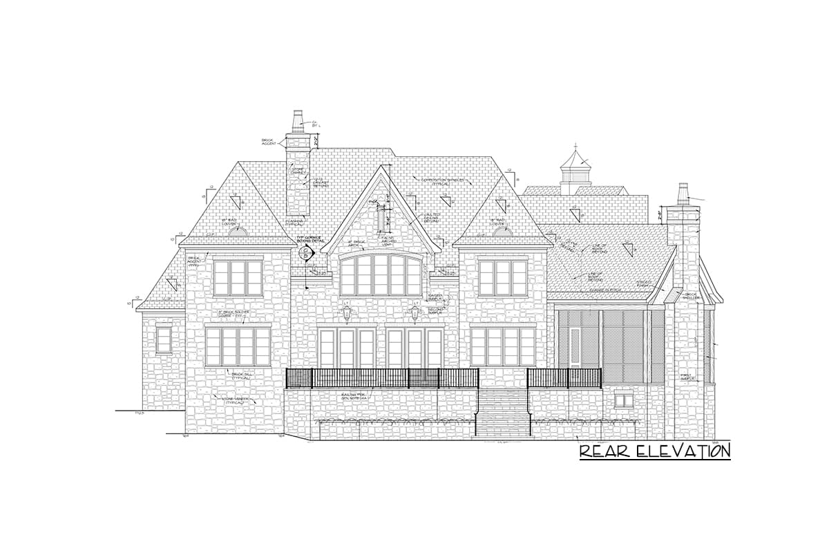 Rear elevation architectural drawing of a multi-story house with stone veneer, gabled rooflines, dormers, and multiple windows.