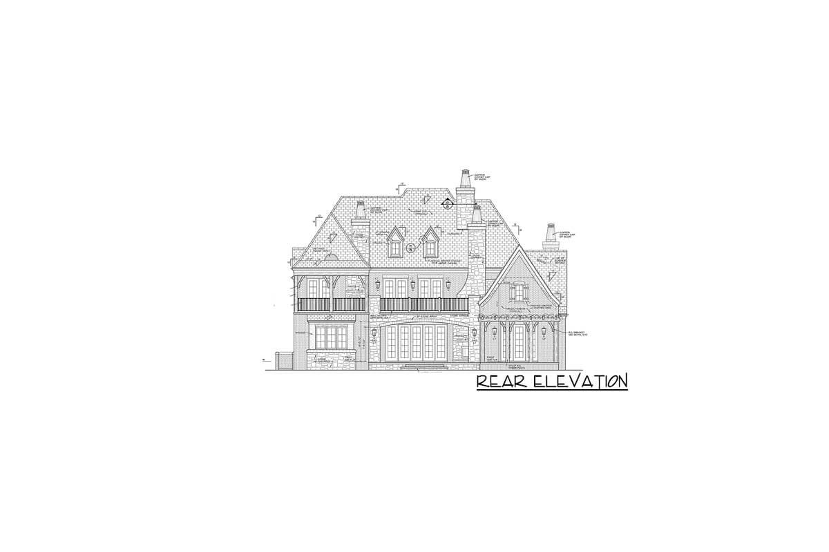 Rear elevation house plan with multiple gables, dormers, chimneys, and a covered balcony.