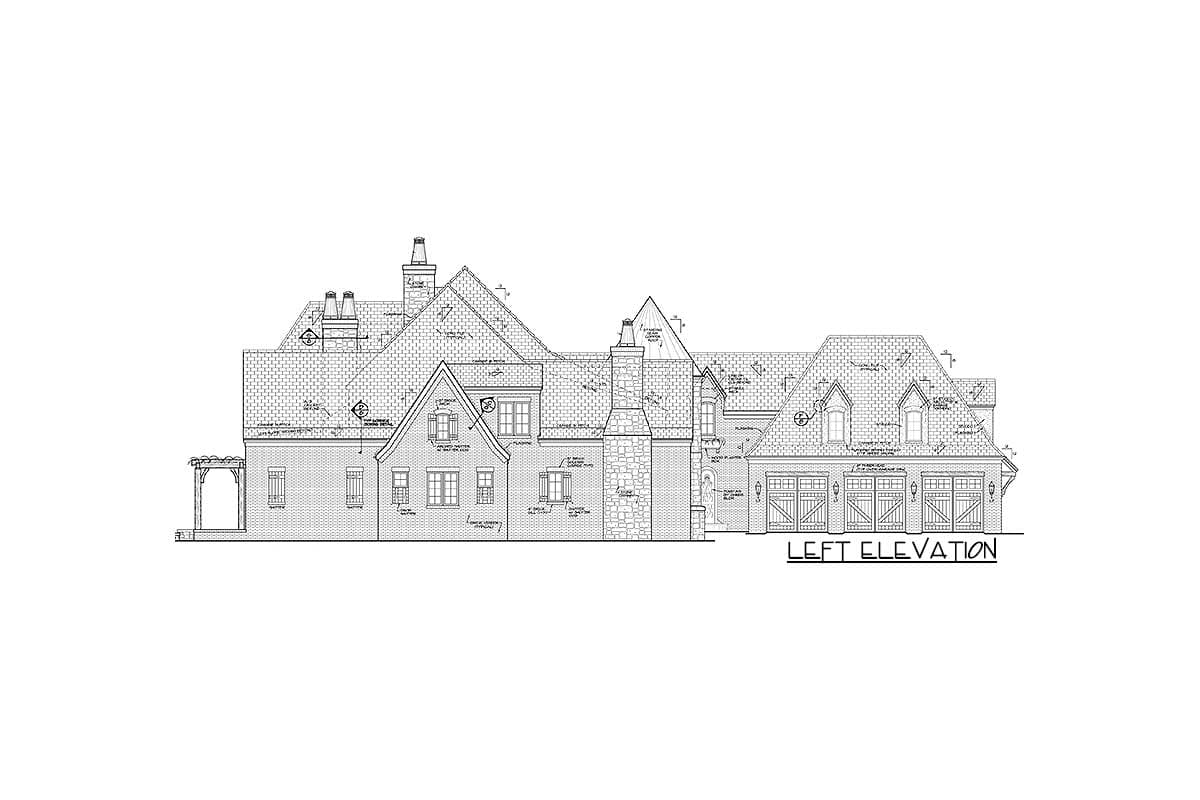Left elevation house plan showing a multi-story structure with gables, dormers, multiple chimneys, and a three-car garage.