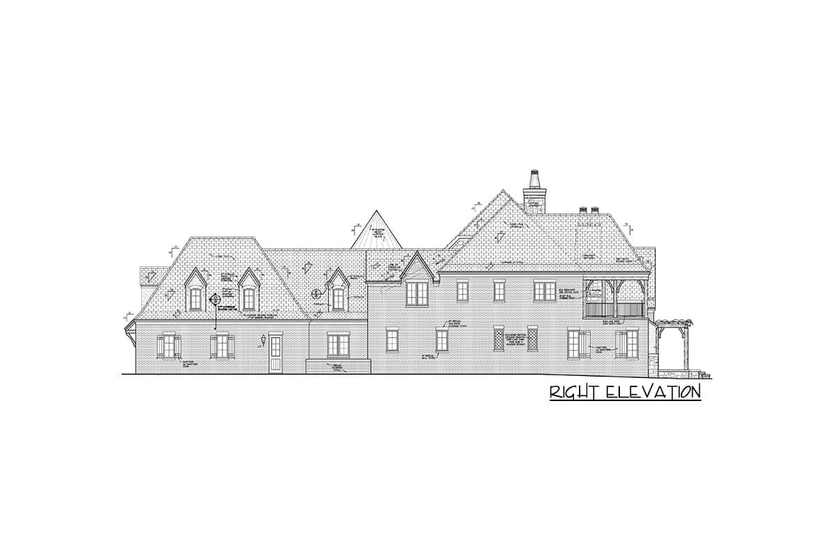 Right elevation drawing of a house plan featuring mansard roofs, dormers, a covered balcony, and an arched entryway.