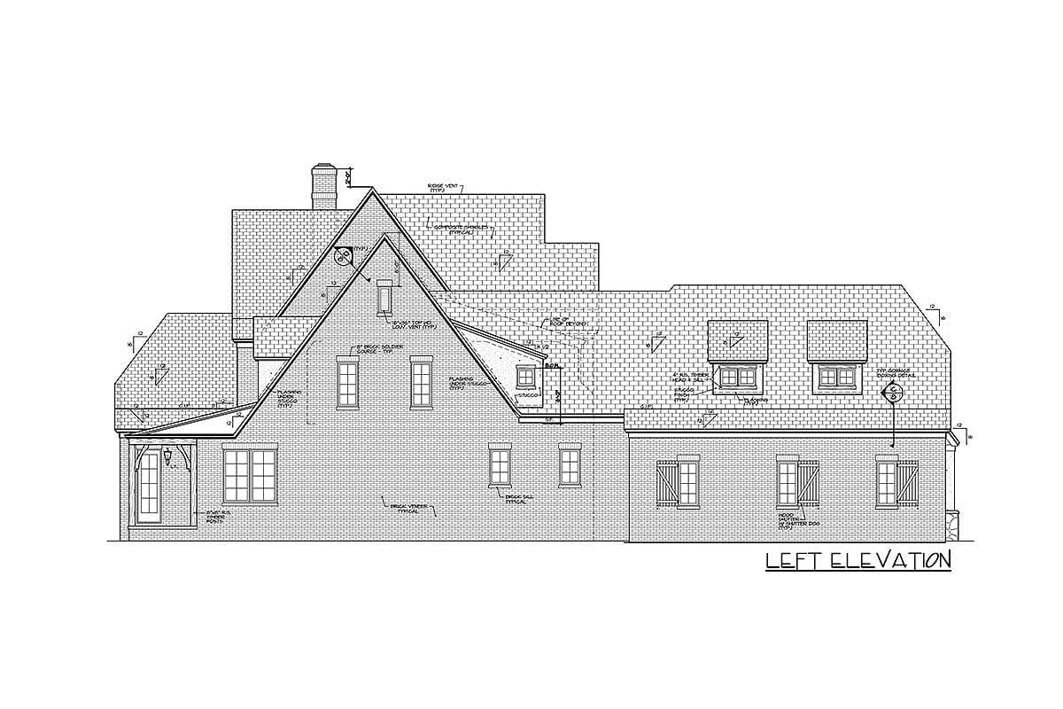Left elevation house plan drawing showing brick veneer facade, multiple gables, dormer windows, and a covered entry porch.