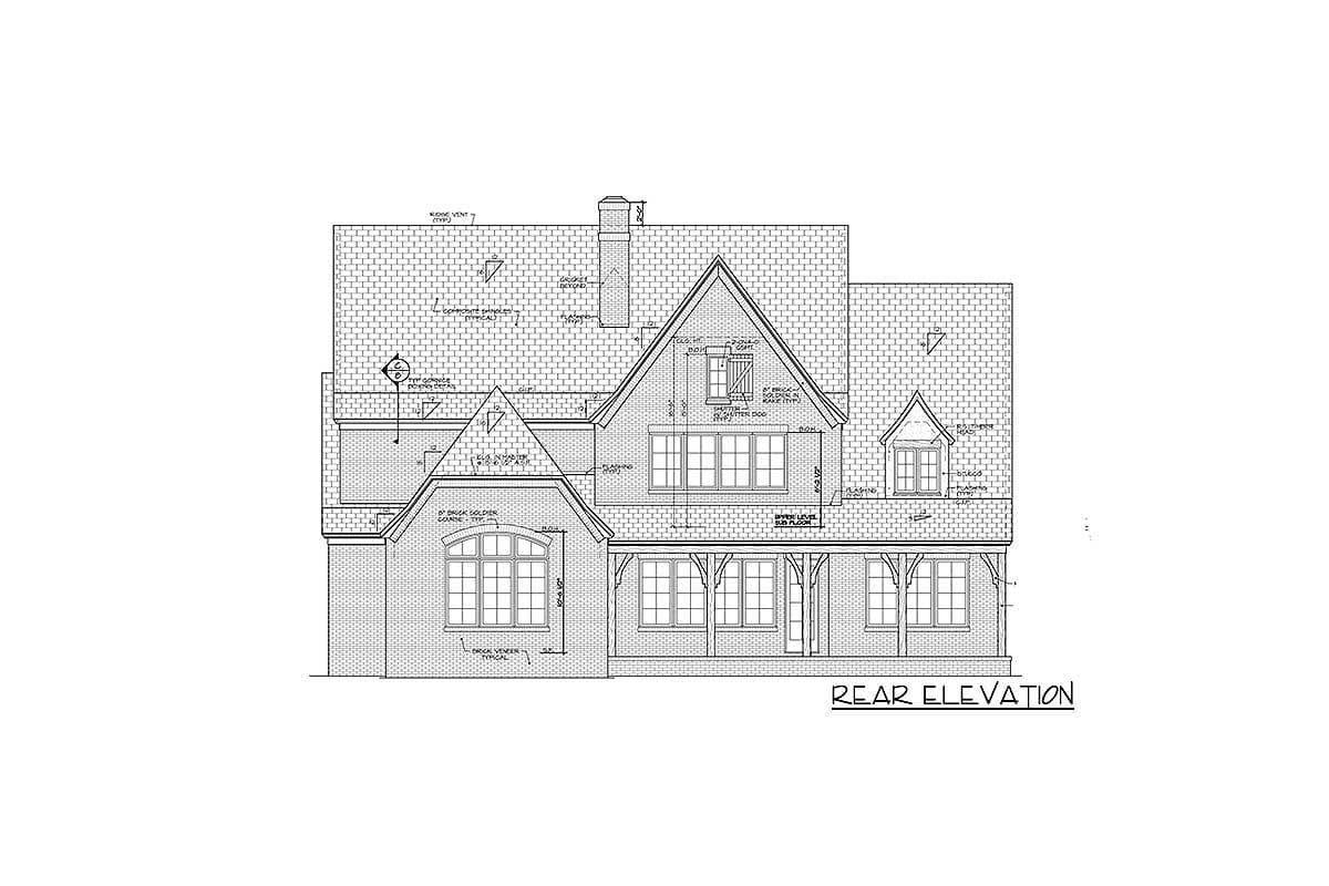 Rear elevation drawing of a multi-story house plan with gables, dormers, brick veneer, and a covered porch.