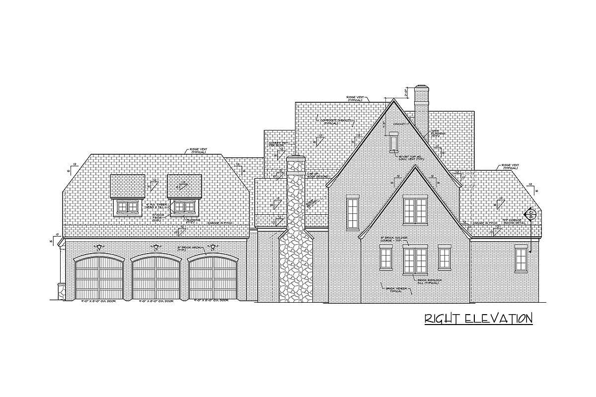 Right elevation house plan with three arched garage doors, prominent brick chimney, and multiple gabled dormers.