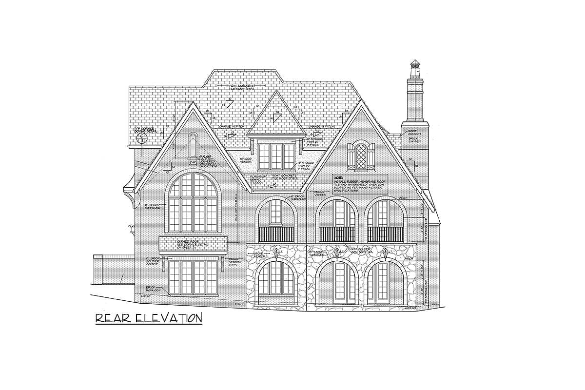 Rear elevation drawing of a brick house with stone accents, arched windows, multiple gables, dormers, and a prominent chimney.
