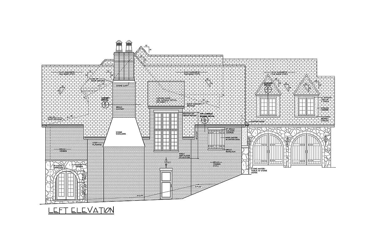 Left elevation house plan showing brick exterior, stone details, arched garages, and multiple gabled rooflines with dormers.