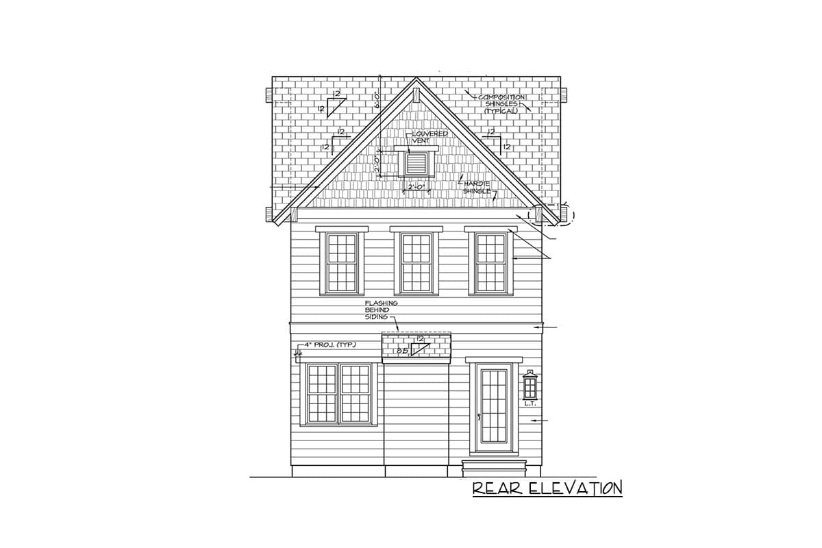 Rear elevation drawing of a two-story house with gabled roof, dormer, and lap siding.