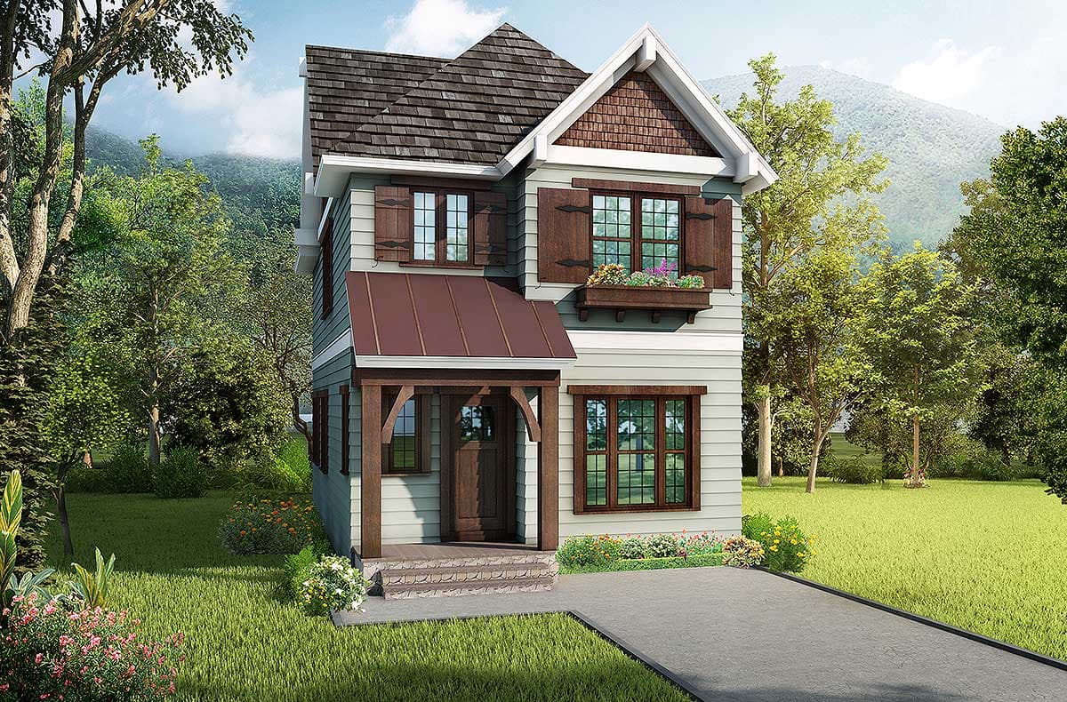 House plan exterior: Two-story dwelling with gabled dormers, shingled gable end, and covered porch with wood accents.