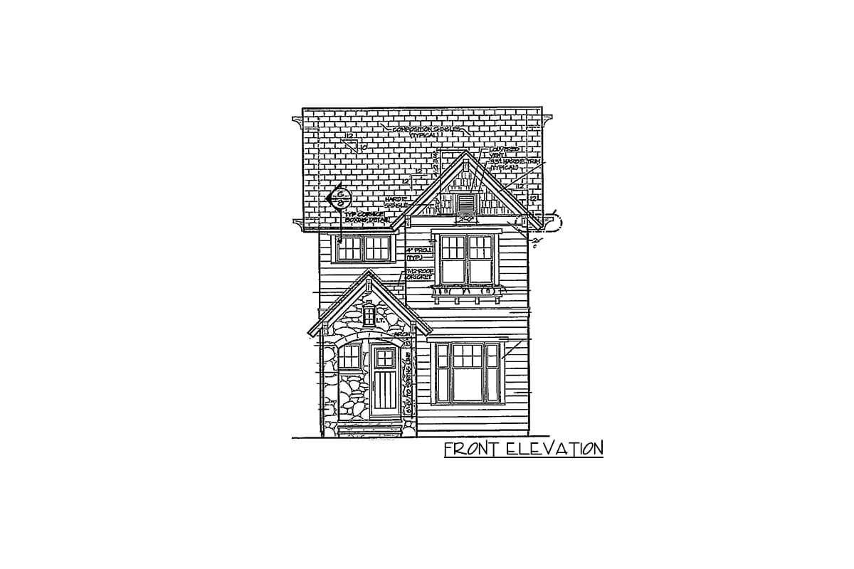 Front elevation drawing of a two-story house plan with stone entrance, siding, and gabled roof with dormers.
