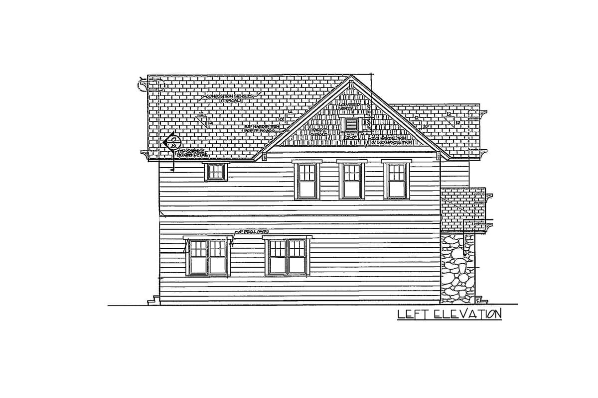 Architectural drawing of a two-story house plan, left elevation, featuring clapboard siding, stone base, gabled dormer, and composition shingles.