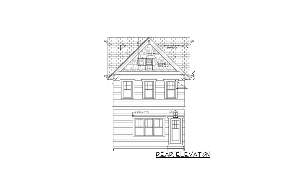 Rear elevation drawing of a two-story house plan with clapboard siding, a gable roof, and a central dormer.
