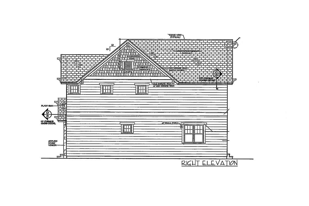 House plan right elevation showing siding, gabled dormer with shingles, and applied stone veneer.
