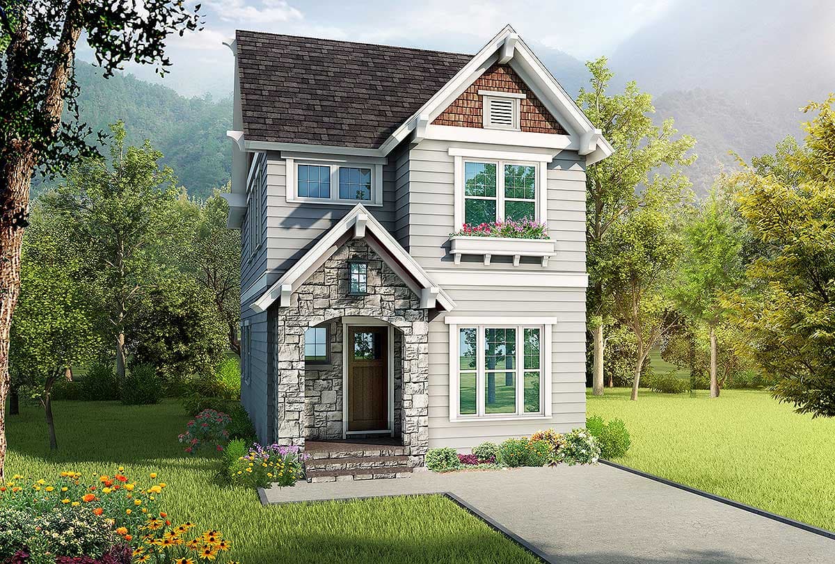 Two-story house plan exterior with stone-accented gabled entry, horizontal siding, dormer, and window boxes.