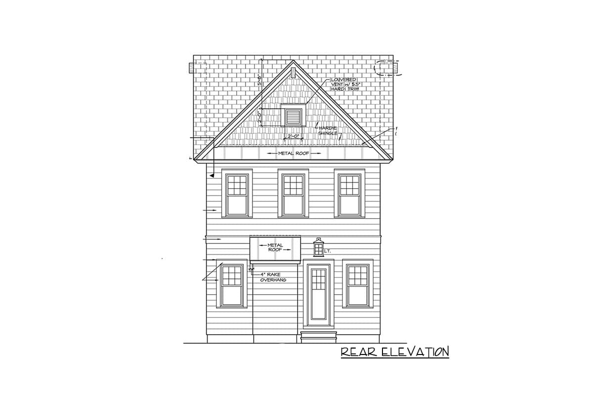 Rear elevation drawing of a two-story house with shingle siding, metal roof sections, multiple windows, and a louvered vent in the gable.