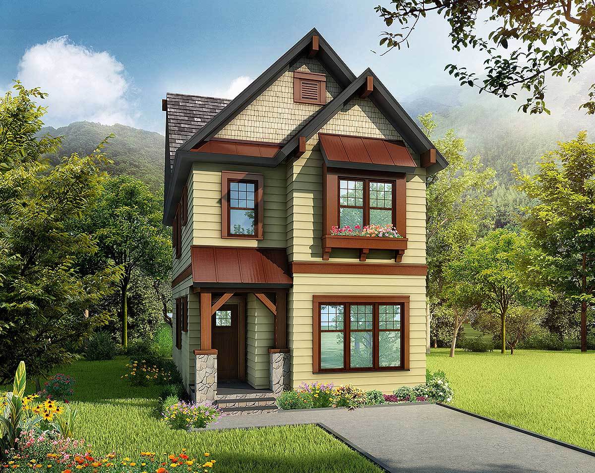 House plan exterior: Two-story dwelling with gabled roof, dormer, prominent bay window, and covered entry with stone accents.