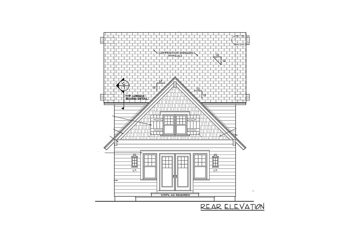 Rear elevation house plan with gable dormer, double doors, and double windows with shutters.