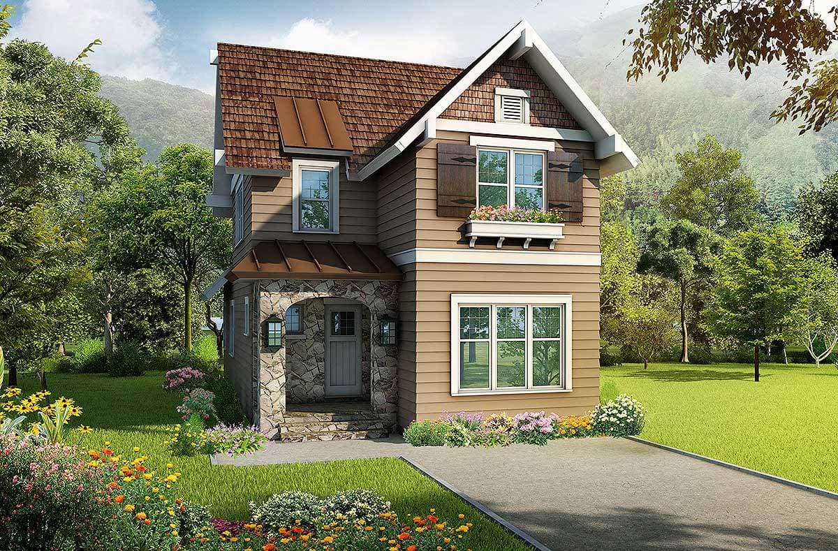 House plan exterior, two-story home with stone-accented arched entry, wood siding, dormer, and multipaned windows.
