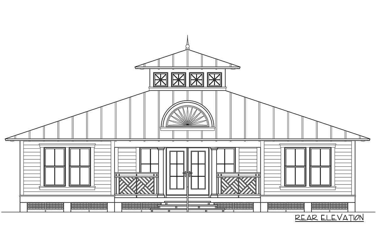 Rear elevation house plan featuring a prominent roofline, central dormer with fanlight, double doors, and decorative porch railings.