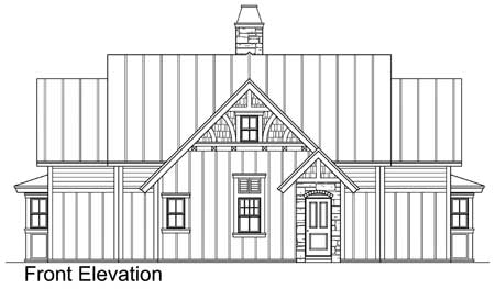 Front elevation drawing of a house with a gable roof, stone-accented entryway, and vertical siding.