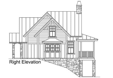Right elevation drawing of a two-story house with stone foundation, gabled dormer, bay window, and covered porch.