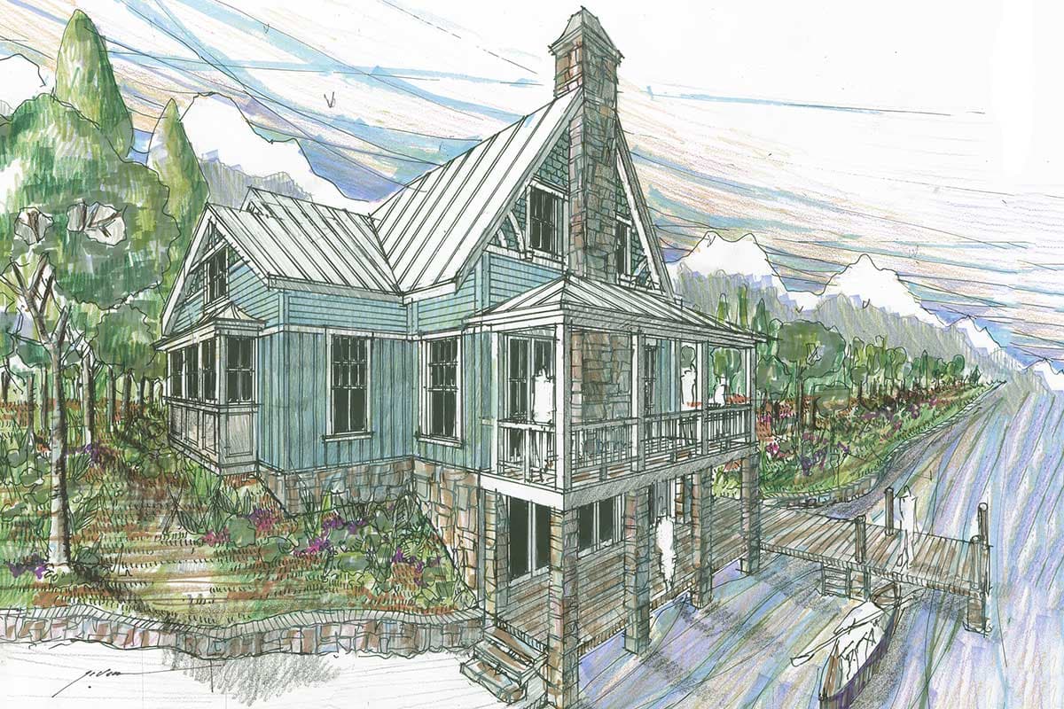 House plan exterior shows a two-story home with a metal roof, stone chimney, gabled dormers, and a wraparound porch on stilts.