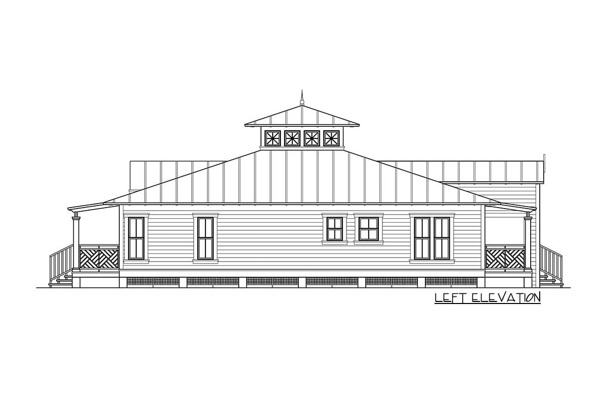 Left elevation of a house plan, showing a metal roof, porches with decorative railings, and a cupola.