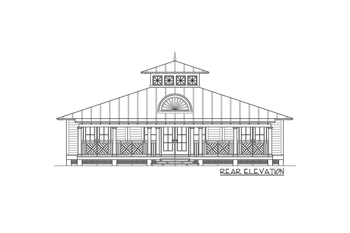 Rear elevation drawing of a one-story house plan with a wraparound porch, decorative railing, and a prominent cupola.