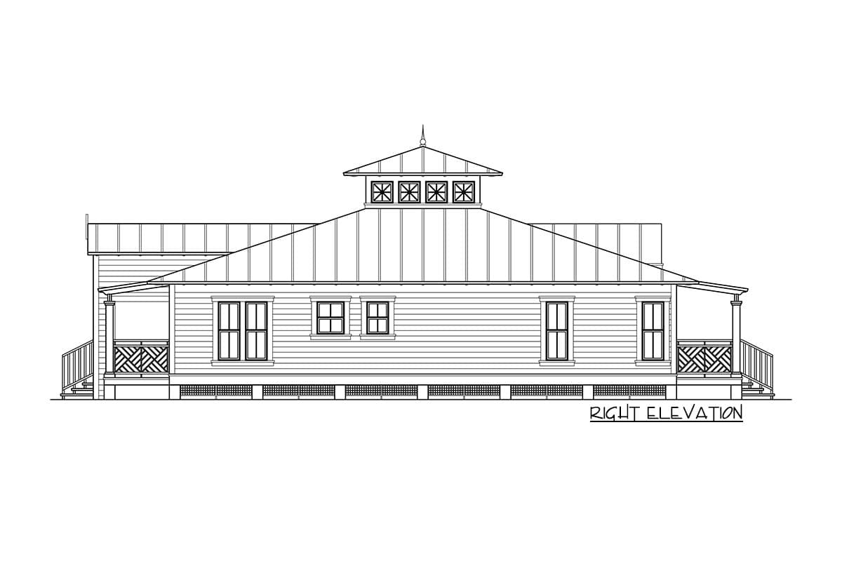 House plan right elevation: Shed roof, visible horizontal siding, porch with decorative railing, and a cupola with patterned vents.