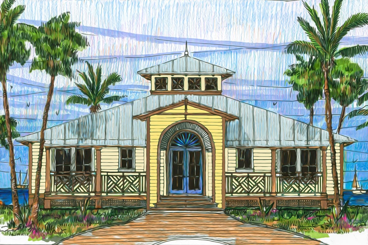 House plan exterior with a hipped roof, wrap-around porch with X-braced railings, and central arched entryway with double doors.