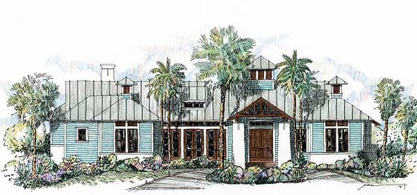 House plan exterior: One-story home with metal roof, multiple gables, front entry porch, and prominent dormers.