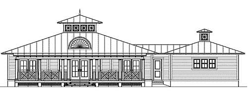 House plan exterior drawing with wraparound porch, central cupola, and metal roofline.
