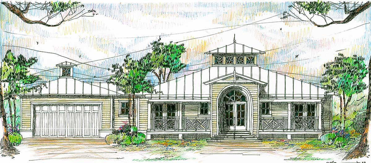 House plan exterior: One-story Modern Farmhouse with metal roof, wraparound porch, arched entryway, and attached garage.