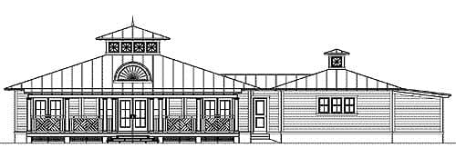 House plan exterior: One-story with a wraparound porch, prominent cupola with decorative windows, and multiple gables.
