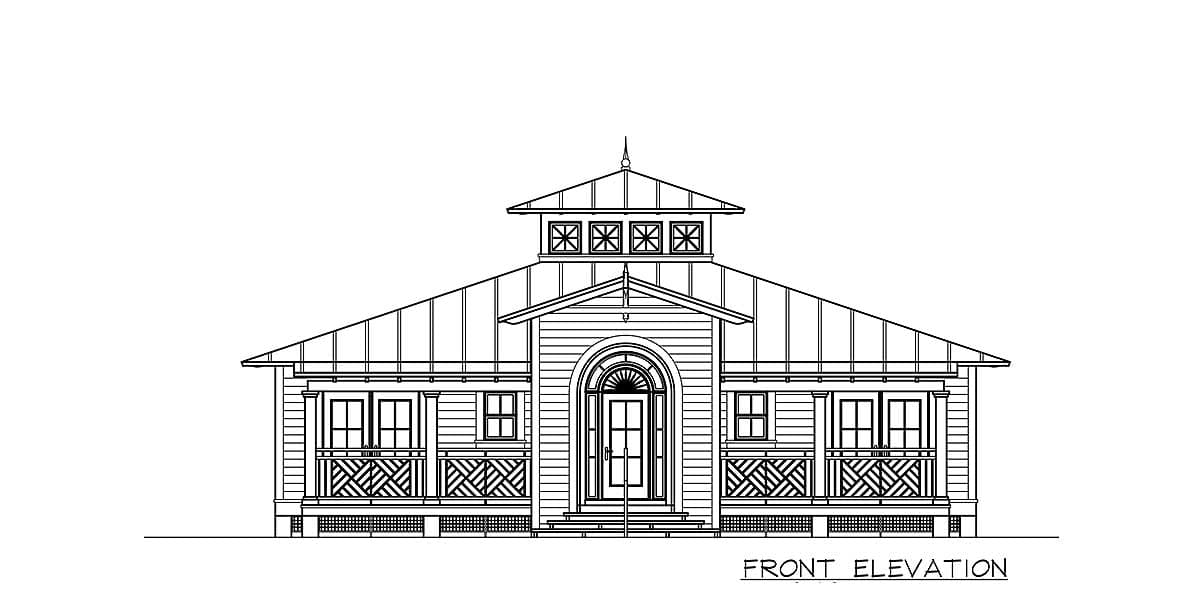 Front elevation drawing of a one-story house with a hipped roof, prominent central gable, arched entry, and wrap-around porch with decorative railing.