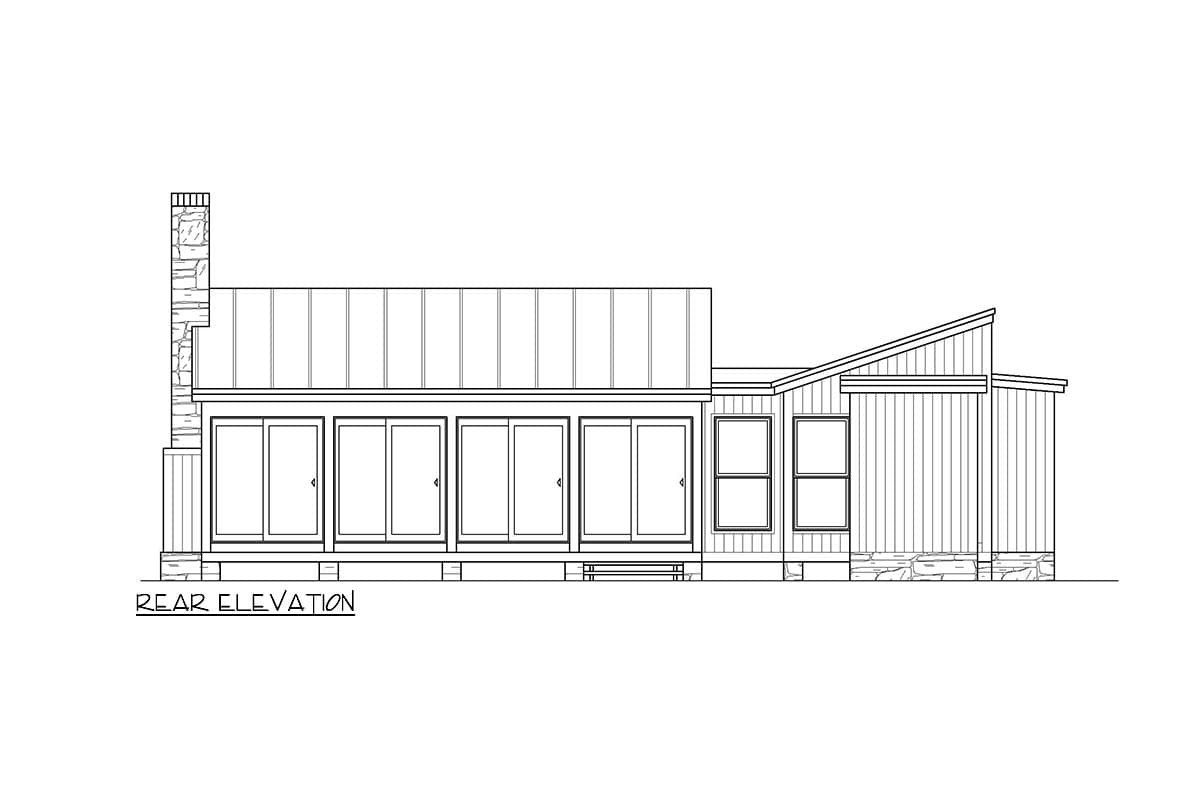 Rear elevation drawing of a house with a stone chimney, multiple sliding glass doors, and a shed roof.