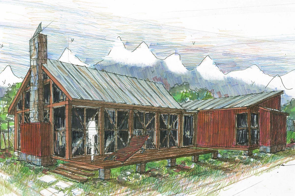 House plan exterior: Modern cabin with shed roof, wood siding, prominent stone chimney, and extensive glazing.