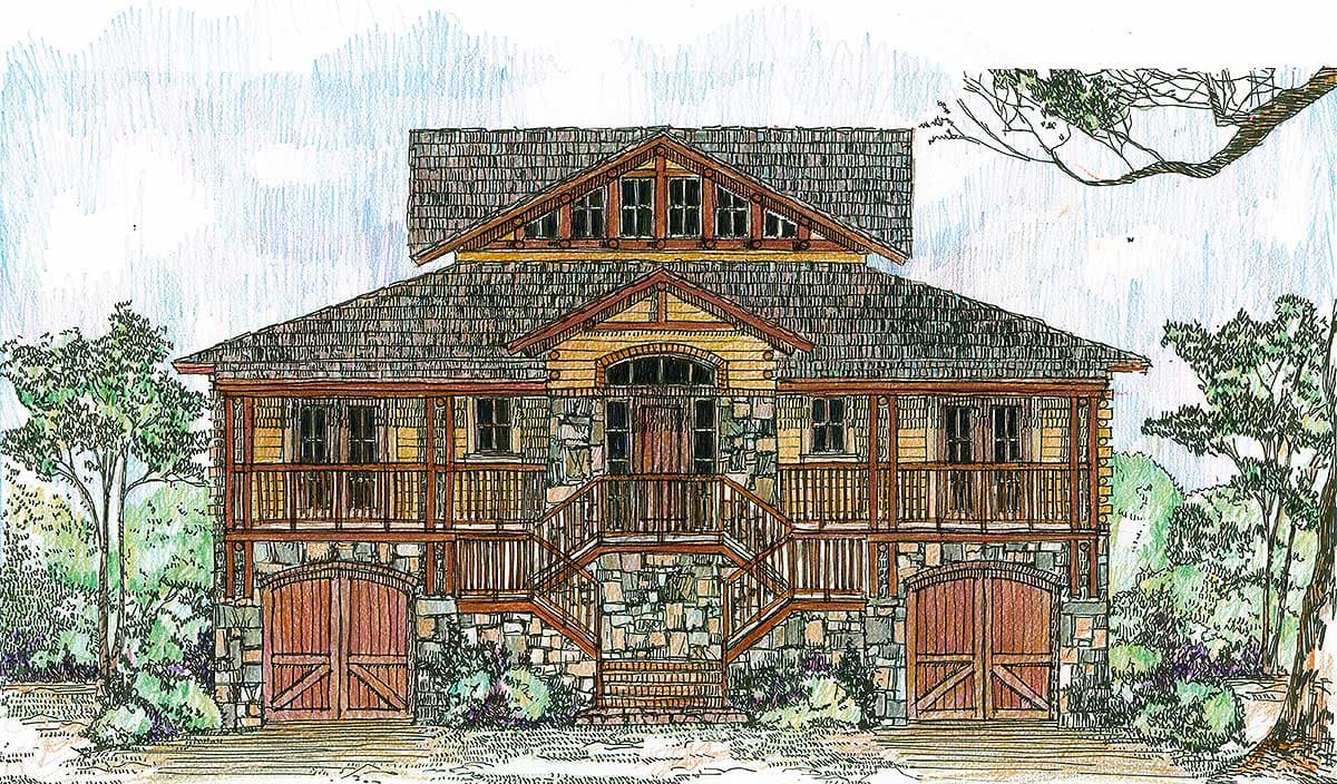 House plan exterior featuring stone base, double-story porch, gabled dormers, and two carriage house doors.