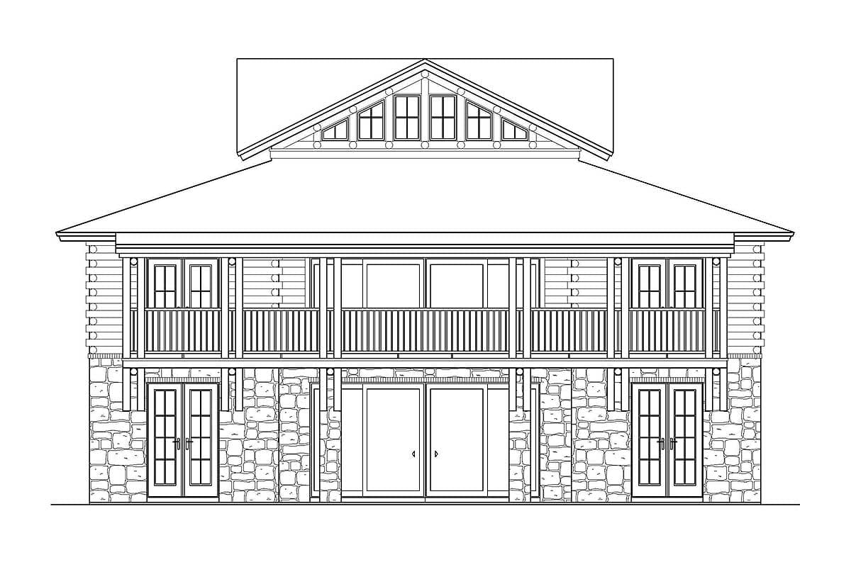 House plan exterior: Two-story home with stone lower level, double upper balcony, and gabled dormer windows.