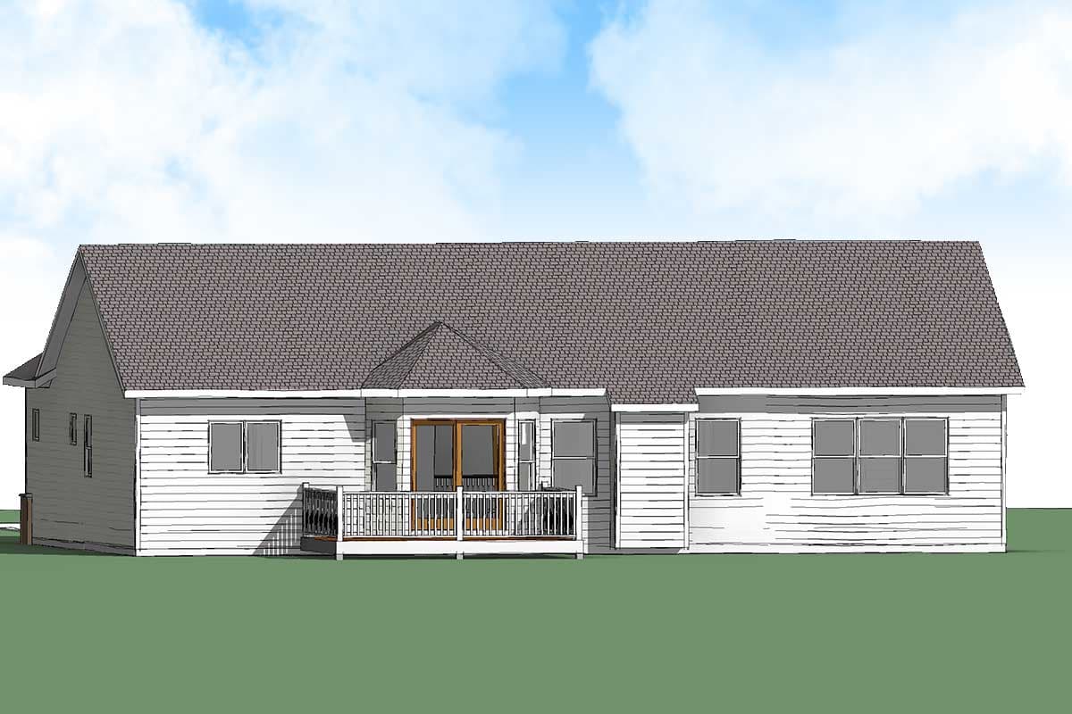 House plan exterior, single-story, with a deck, gable rooflines, and numerous windows.