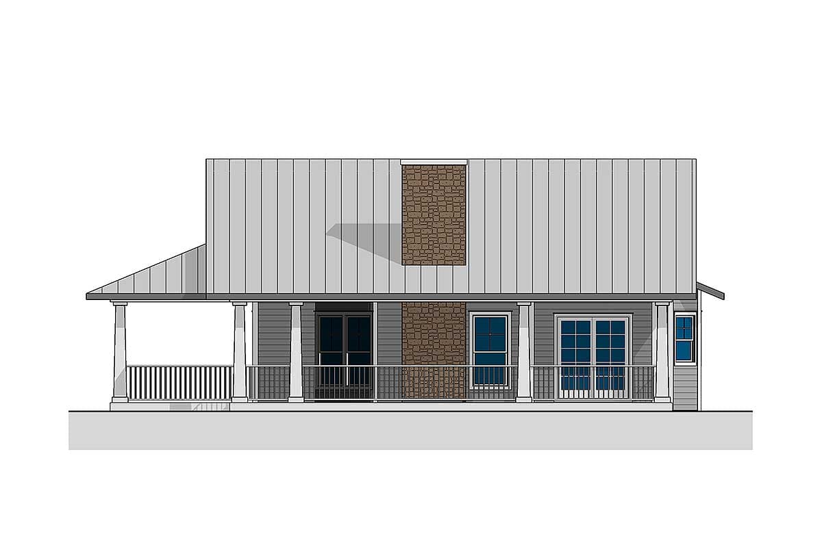 House plan exterior featuring a wraparound porch, metal roof, stone chimney detail, and multiple french doors.