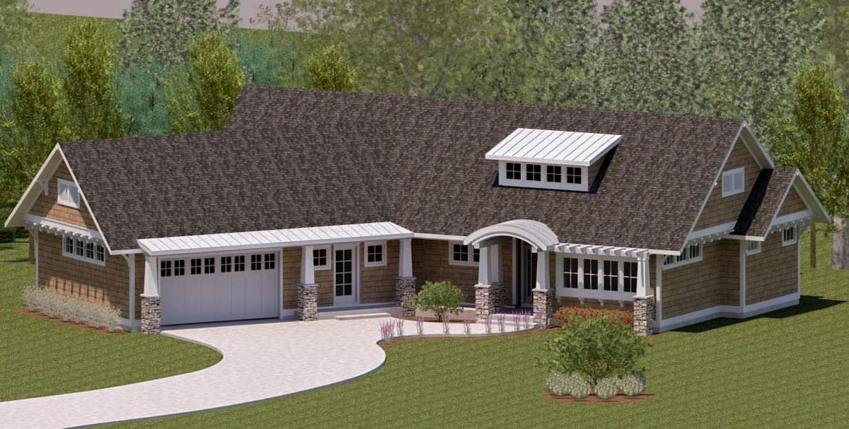 House plan exterior: Ranch-style home with a multi-level roofline, gabled dormer, stone-accented columns, and a two-car garage.