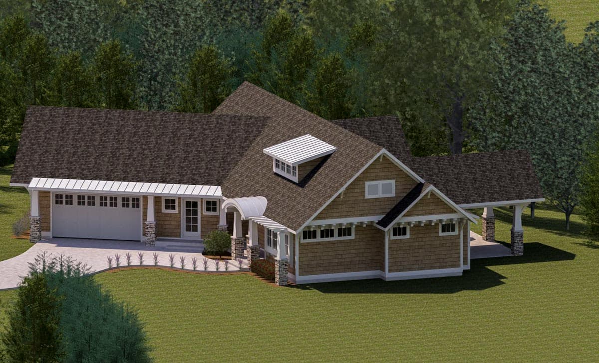 House plan exterior: Craftsman style, one-story with a two-car garage, covered entryway, and dormer.