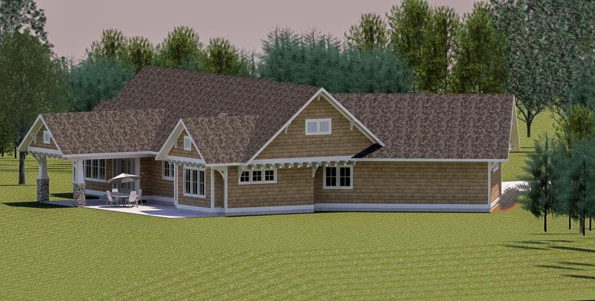 House plan exterior: One-story Modern Farmhouse with a covered porch, gables, and hip rooflines.