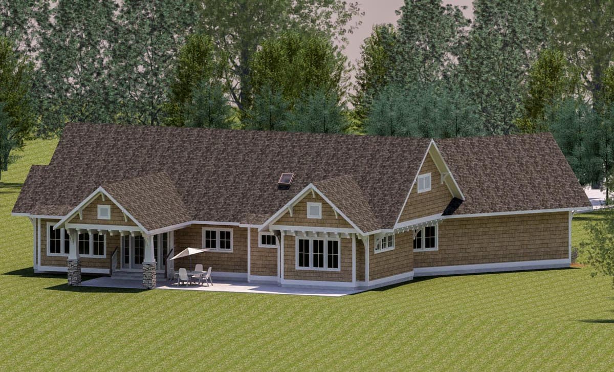 House plan exterior: Ranch style, single-story, with a covered front porch supported by stone columns, multiple gables, and shingle siding.