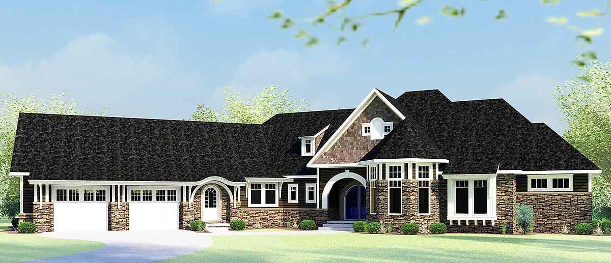 House plan exterior: Single-story, stone and wood siding, triple-garage bay, arched entryway, and bay windows.