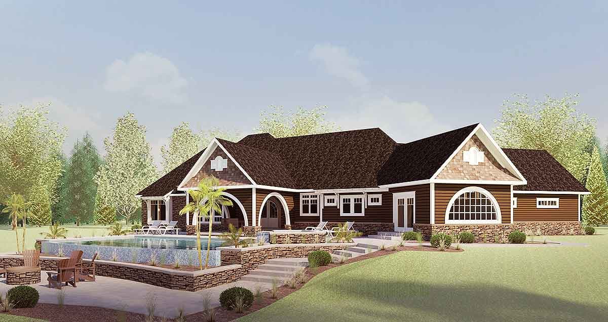 House plan exterior: Ranch-style home with dark siding, stone accents, prominent gables, arched entryway, and pool.